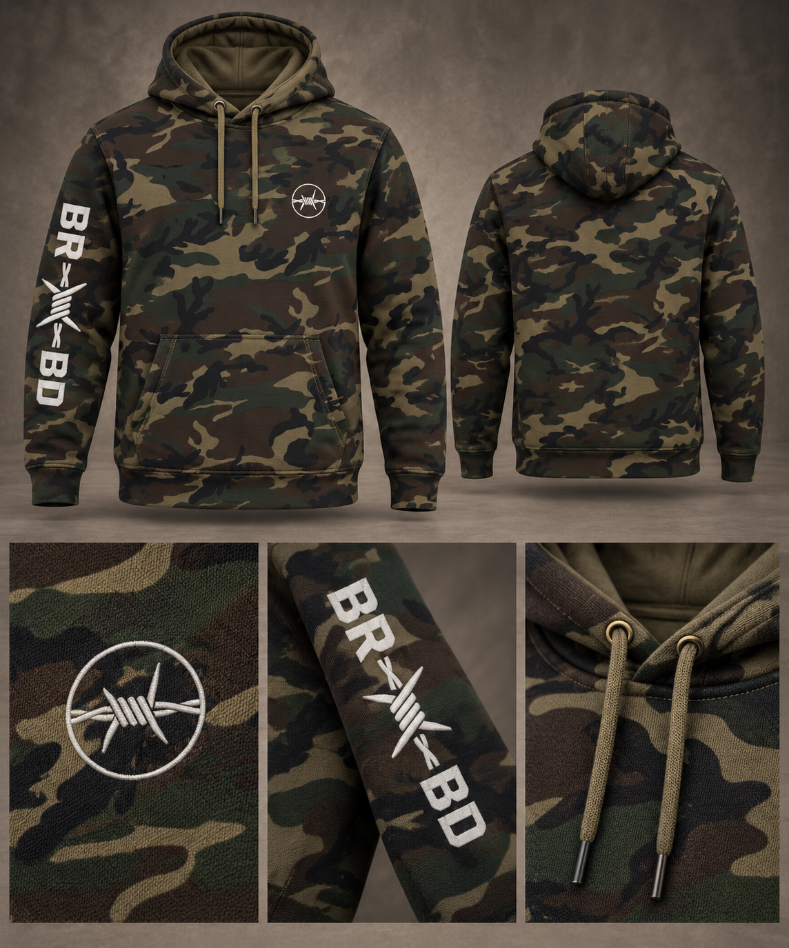 BRBD Camo Hoodie — Left Chest Logo + Right Arm Print